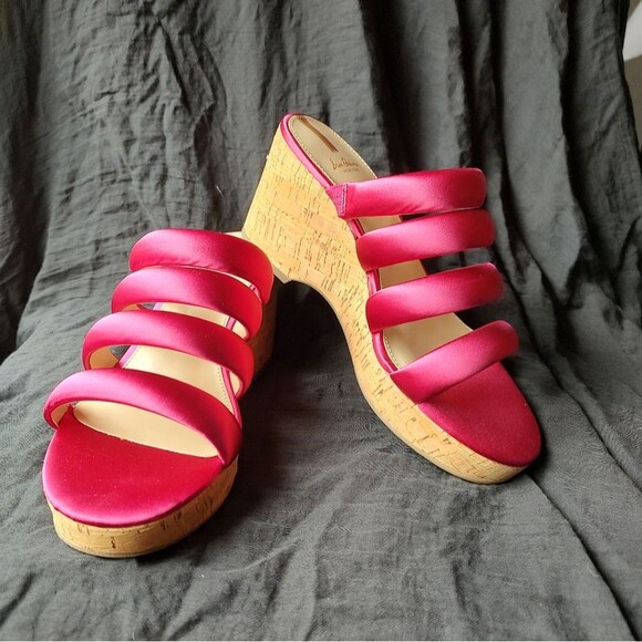 Sam Edelman Puffy Satin Pink Fuschia Strappy Wedge Espadrille Sandals Size 7.5 - Picture 2 of 7